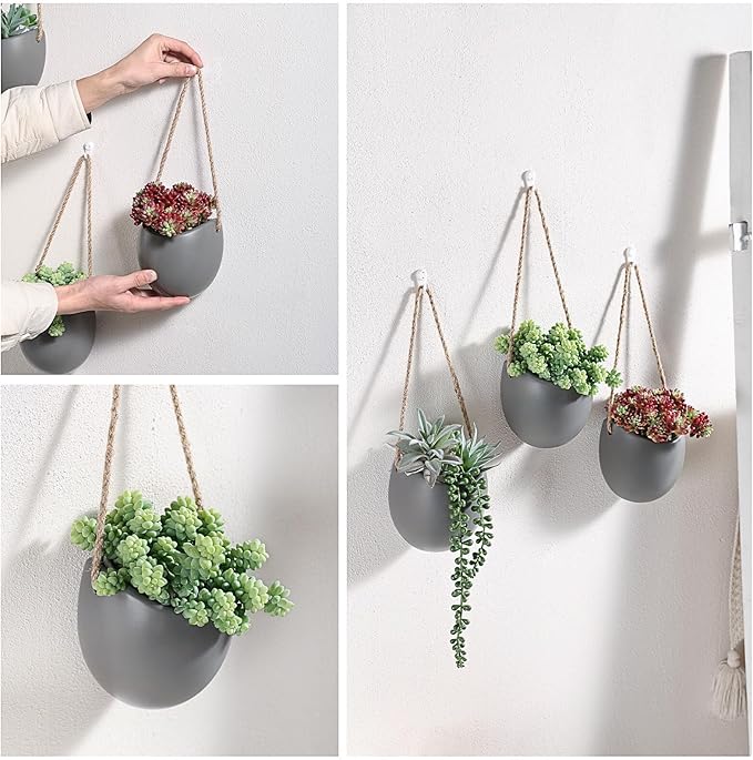 Set of 3 Ceramic Wall Planters with Hooks, Hanging Planter for Greenery and Dried Flowers, Home & Office Wall Decor