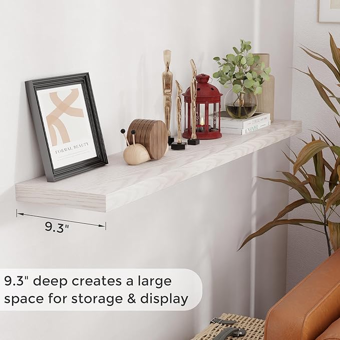 Fun Memories 55 Inch Long Floating Shelves for Wall, 55x9.3 Large Floating Shelf for Bedroom, Kitchen, Bathroom, Wall Mounted Rustic Wood Shelves with Invisible Bracket for Books, Decor, Brich