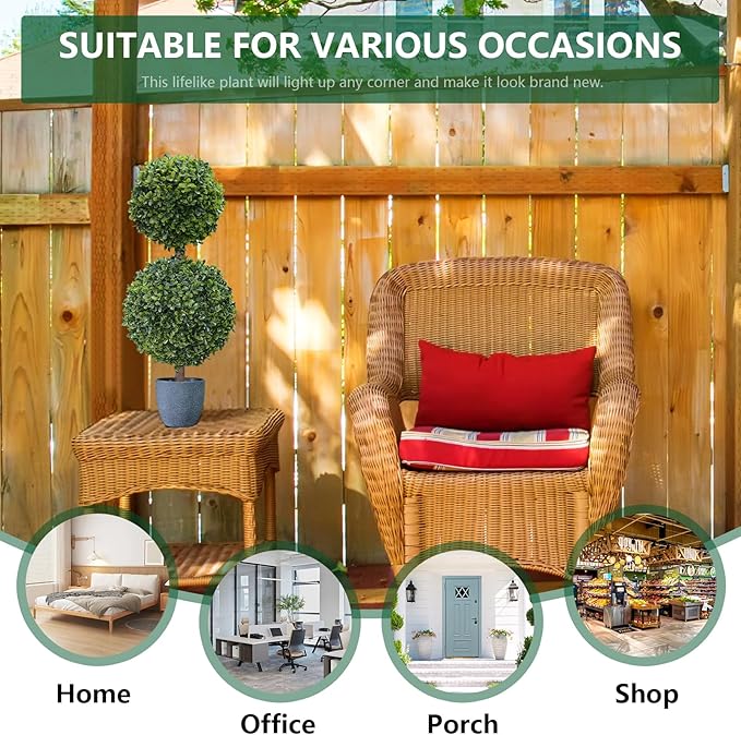 Faux Boxwood Topiary Plants Outdoor 2 Pack 23.6 Inch - Artificial Ball Trees Fake Bush 2 ft Round Shaped Indoor for Backyard, Balcony,Garden, Wedding and Home Décor (24 inches, Boxwood 2 Ball)