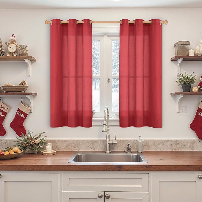 YoungsTex Red Linen Kitchen Curtains 45 Inches Long, Short Light Filtering Drapes with Grommet Semi Sheer Christmas Decor for Bathroom Living Room Window, 2 Panels, 42 X 45 Inch