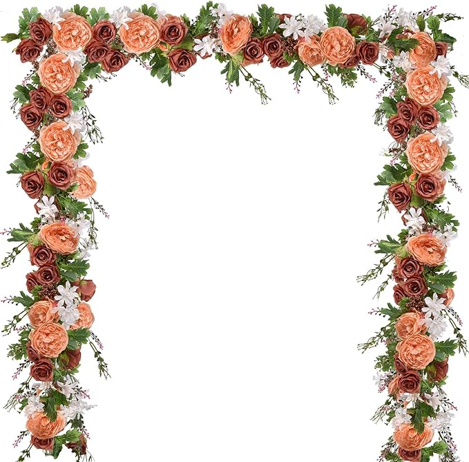 2 Pack Artificial Peony Flower Garland - 6ft Silk Peony Garland Flowers Vine Blue and White Peony Silk Flowers for Wedding Arch Party Table Decoration (Orange)