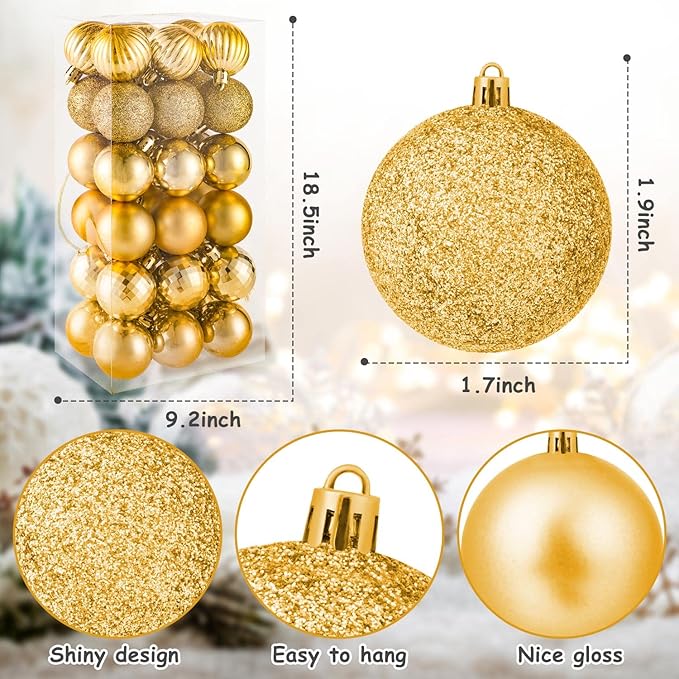 72Pcs Gold Silver Ornaments Balls, Decorative Shatterproof Hanging Christmas Balls Ornaments for Christmas Tree Home Office Decor Present for Party Wedding, 1.6Inch