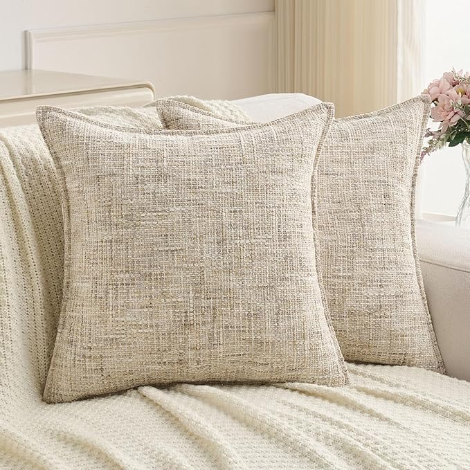 FUTEI Beige Decorative Throw Pillow Covers 22x22 Inch Set of 2,Soft Chenille Tweed Textured Cushion Case,Modern Home Decor for Couch Bed Living Room