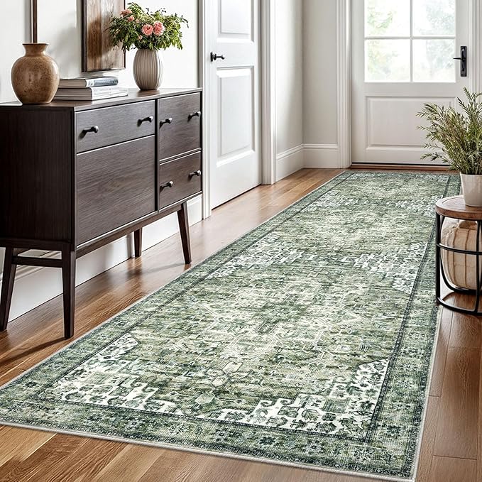 3x10 Washable Rug for Entryway, Green Soft Printed Area Rug, Non-Slip Kitchen Rugs, Low-Pile Medallion Indoor Door Mat, Small Farmhouse Carpet for Entrance Kitchen Foyer Bedside