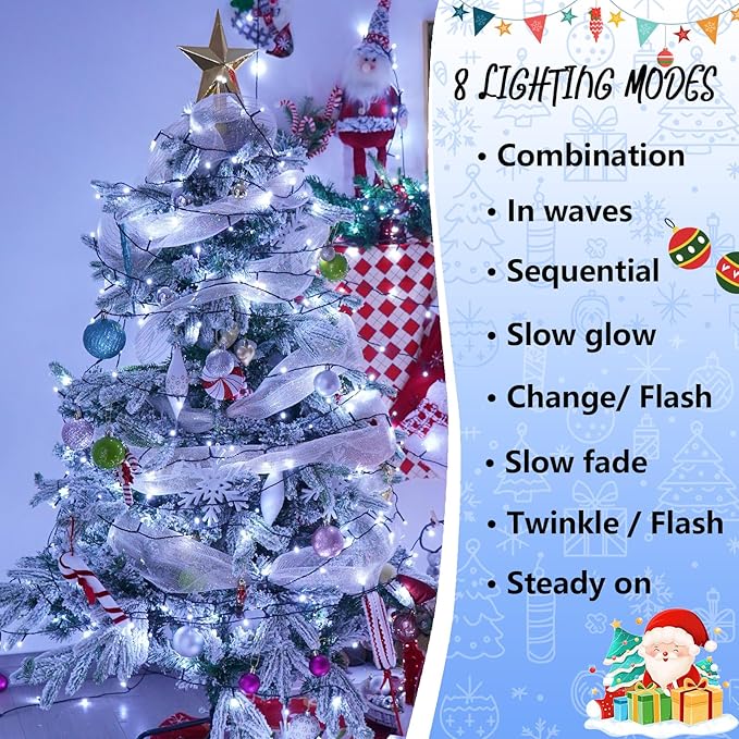 YEGUO 66ft 200 LED Christmas Lights Outdoor Waterproof, White Christmas Tree Light Indoor, Green Wire Twinkle String Light Plug in with Timer Memory 8 Modes