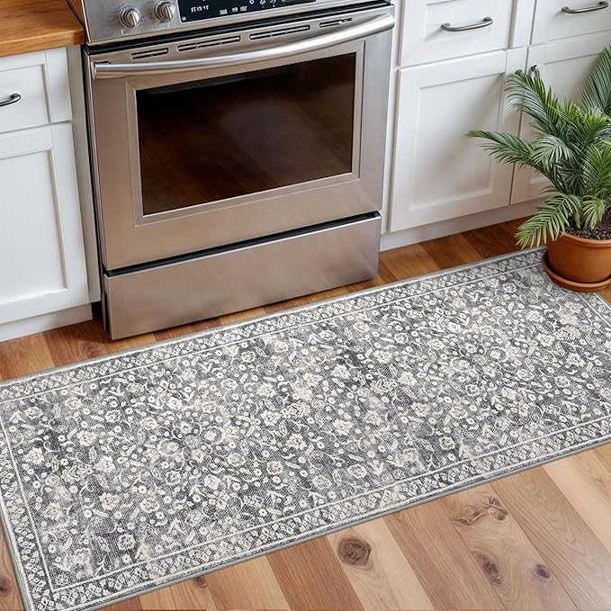 Vintage Washable 2x5 Rug Runner, Gray Ivory Runners for hallways, Super Soft Kitchen Runner Rug Non Slip, Print Faux Wool Floral Thin Carpet Runner for Entryway Indoor Bedroom