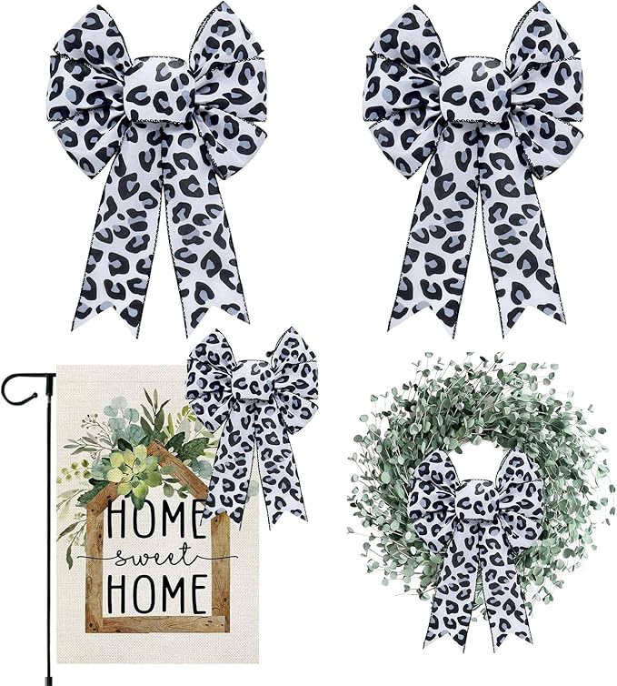 ALIBBON 2 Pcs Leopard Print Bows for Wreaths, Cheetah Black White Wreath Bows, Animal Print Ribbon Bow for Front Door, Farmhouse Decor Tree Topper Bow for Indoor Outdoor Home Holiday Decorations