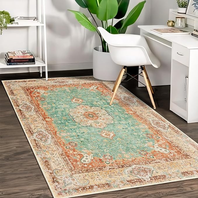 Boho Rug 3x5,Washable Area Rugs for Bedroom Living Room Kitchen Entryway,Small Boho Vintage Bohemian Distressed Farmhouse Non Slip Carpet,Retro Orange Green Floral