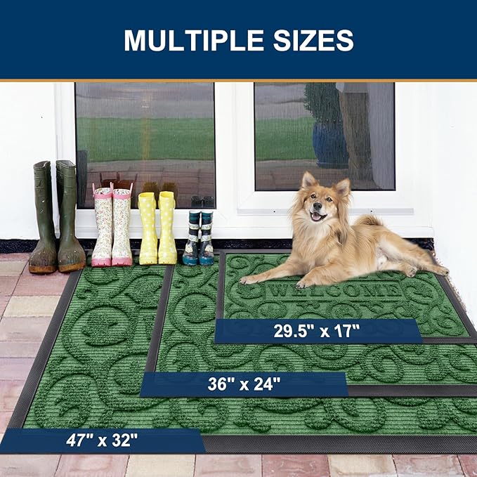 Smiry Welcome Door Mat Outside Entrance, Heavy Duty Trap Dirt and Moisture Easy Clean Low Profile Patio Porch Indoor Outdoor Front Doormat for Entry, 29.5x17 Inch, Green