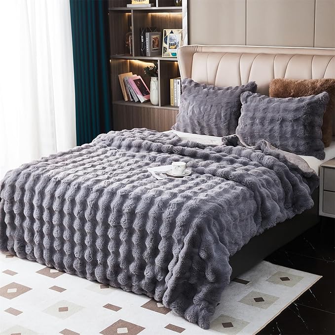 Soft Fluffy Blanket - Fuzzy Throw Blanket for Couch, Plush Rabbit Faux Fur Blanket, Cute Cozy Blankets for Women, Warm Thick Big Bubble Blankets for Bed Sofa Bedroom Living Room - 90"x98" Queen
