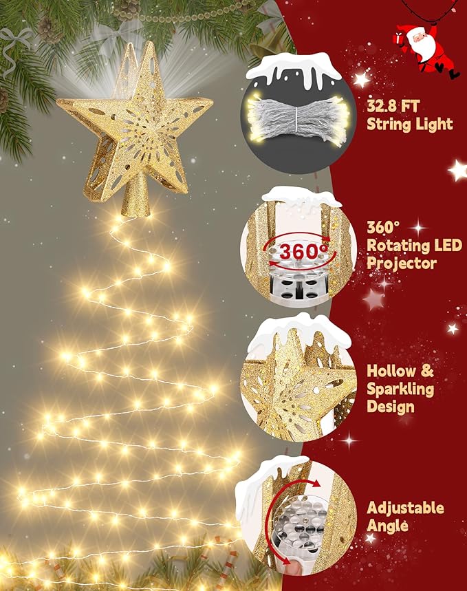 Christmas Tree Topper with 32.8FT Warm Light Cord and 6 Projection Modes, Christmas Star Tree Topper Built-in LED Rotating Projector Lights, 3D Glitter Christmas Tree Decorations (Gold)