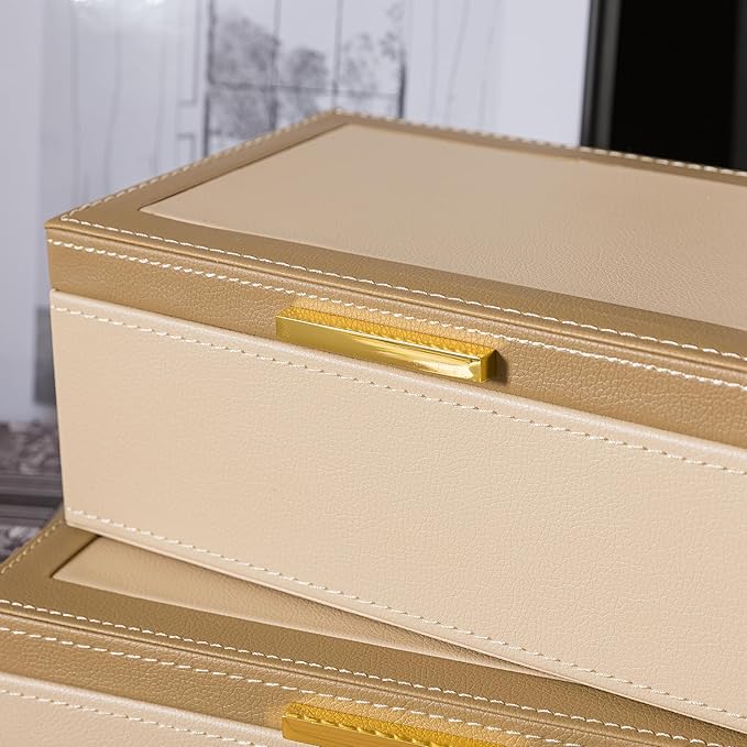 Soul & Lane Faux Leather Decorative Boxes with Lids and Gold Hardware for Home Decor, Set of 2 Stacking Hinged Boxes for Coffee Table and Living Room Shelves, Remote Control Holder, Two-tone Sand