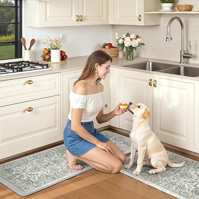 KIMODE Anti Fatigue Mats for Kitchen Floor Non Slip,Boho Vintage Floral Rugs Sets of 2,Cushioned Carpet Non Slip for Laundry,Wide Memory Foam Runner for Sink Office,Green 20"x47"+20"x32"