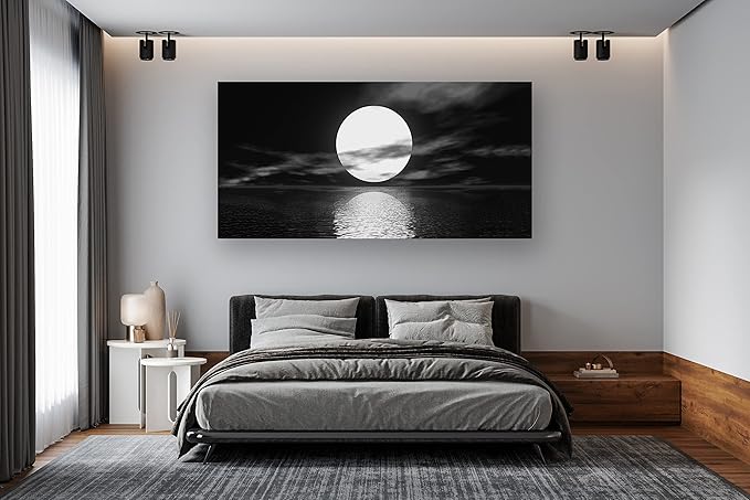 Cao Gen Decor Art S06475 Wall Art Canvas Sea White Full Moon in Night Picture Canvas Poster Print Black and White Ocean for Living Room Bedroom Kitchen Home Decorations Framed Artwork