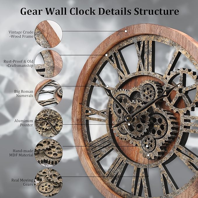 HOIBAI Large Wall Clock 24 Inch Large Clocks for Living Room Decor with Moving Gears Vintage Industrial Steampunk Farmhouse Big Clock for Home Kitchen Bedroom Office