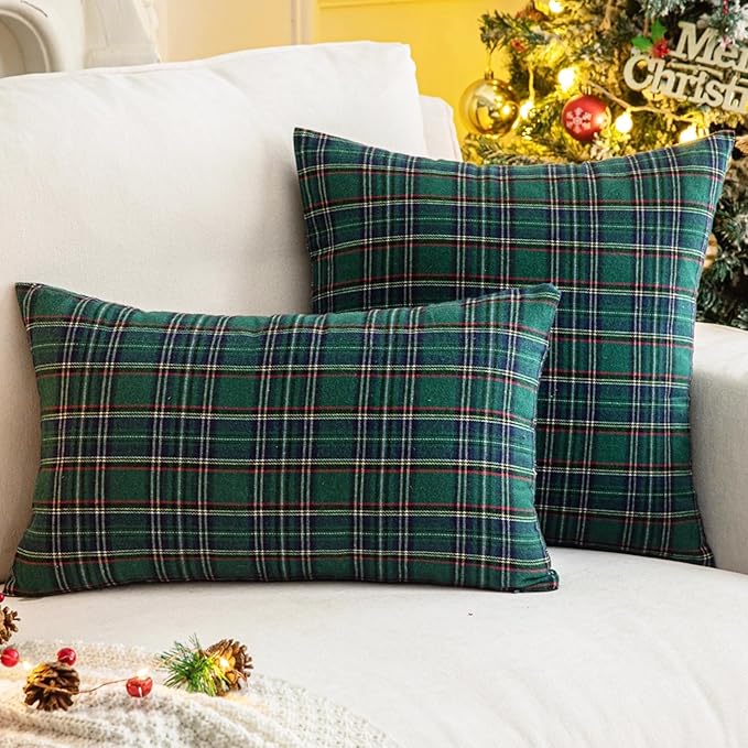 AQOTHES Pack of 2 Christmas Plaid Decorative Throw Pillow Covers Scottish Tartan Cushion Case for Farmhouse Home Holiday Decor Green and Blue, 12 x 20 Inches