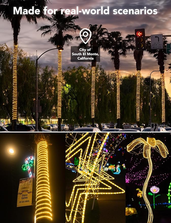 WYZworks 3312LEDs, 300ft LED Outside Rope Lights, Waterproof Permanent Outdoor ETL Certified Connectable Clear Tube, Christmas Palm Tree Holiday Decorative Landscape Patio Accent Lighting - Warm White