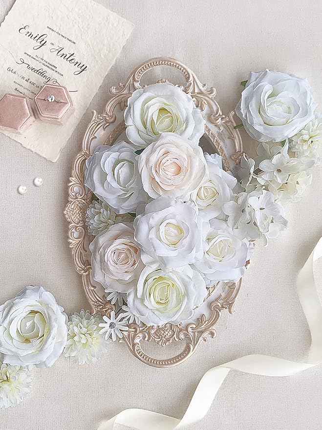 Roses Artificial Flowers White Fake Flower Bulk for DIY Wedding Bouquet Bridal Baby Shower Decorations Party Table Centerpiece Silk Floral Arrangements Home Decor Indoor Cream Ivory Box