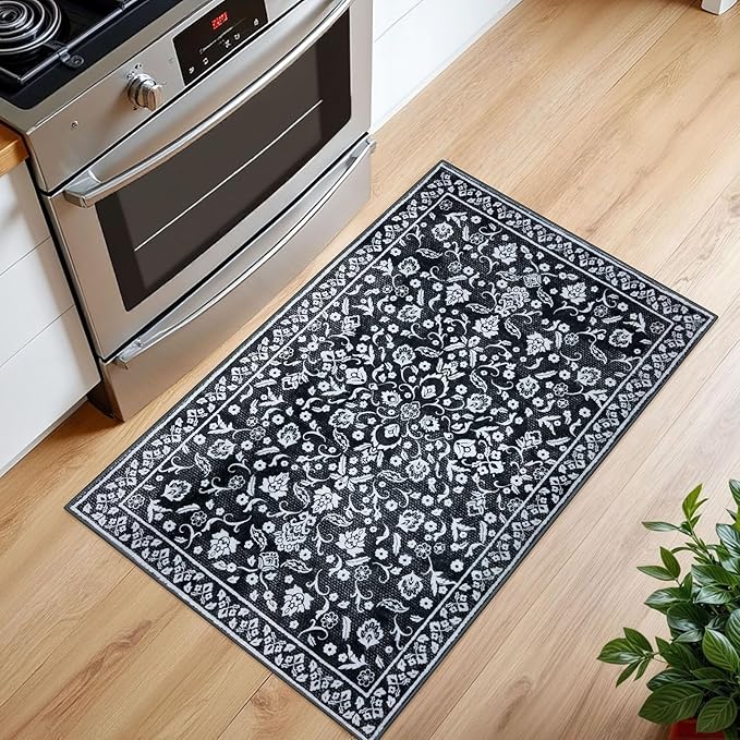 Vintage Entryway Rug Indoor, Black White Washable Rug 2x3, Small Area Rug with Non-Slip Backing, Floral Print, Thin Faux Wool Super Soft Door Mat for Kitchen, Entrance, Bedroom, Office