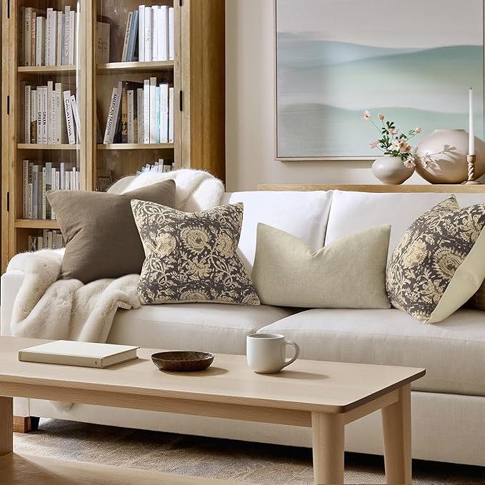 Vintage Floral Print Throw Pillow Covers 20x20 Set of 2 Neutral Modern Farmhouse Pillowcases Accent Decorative Cushion Covers Boho Home Decor for Couch Sofa Chair Bed Living Room, Rustic Gray
