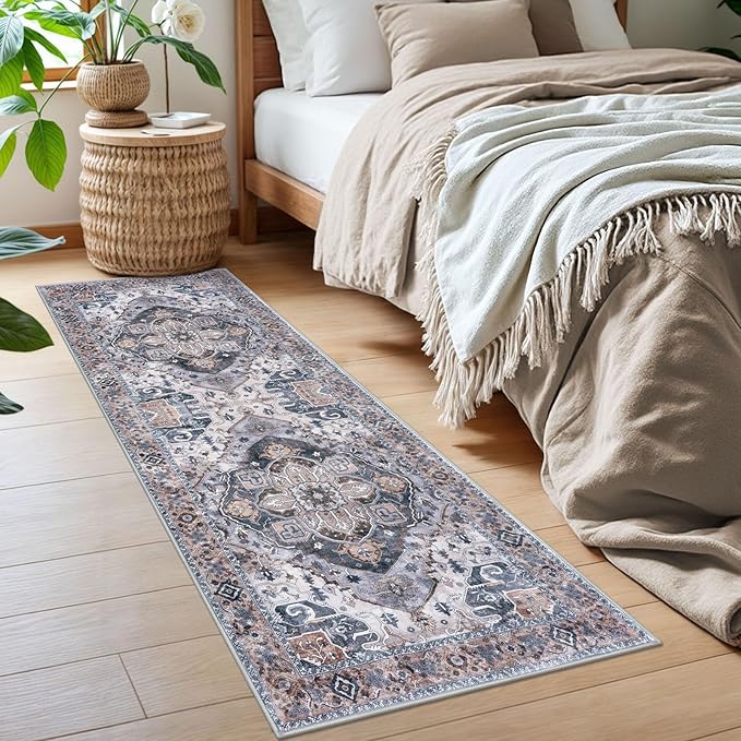 2x6 Washable Runner Rug for Hallways, Ash Taupe Soft Floor Vintage Kitchen Rugs with Non-Slip, Non-Shedding Boho Rug for Bedroom Kitchen Porch Laundry Entryway