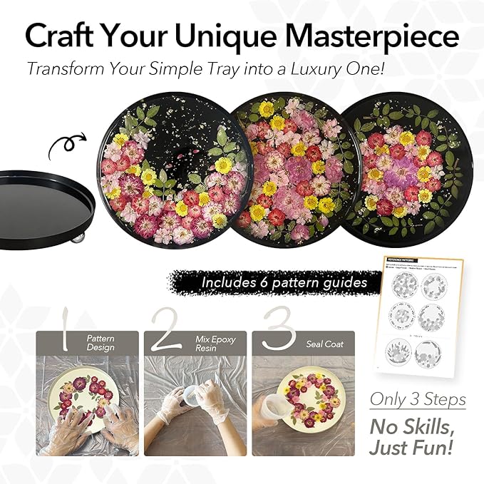 DIY Decorative Tray Craft Kit for Adult - Create Your Own Real Flower Tray with Epoxy Resin, Metal Tray for Vanity, Perfume, Key, Trinket Organizer, Table Decor (Beige, Basic)