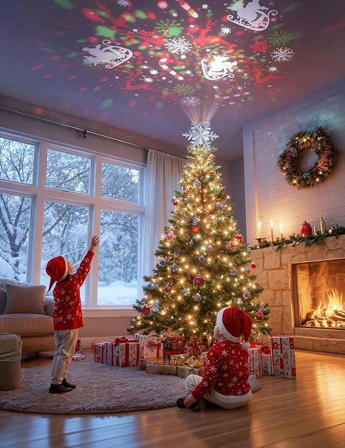 DG-Direct Christmas Tree Topper Lighted with 6 Projected Patterns, Led Rotating Magic Snowflake, 3D Hollow Glitter Lighted Silver Snow Tree Topper for Christmas Tree Decorations, Silver