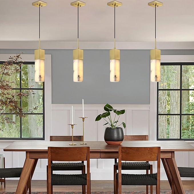2 Pack 1 Light Hanging Kitchen Island Natural Alabaster Marble Pendant Ceiling Light Fixture,Modern Industrial Farmhouse Light Gold Finish Over Sink Restaurant bar Corridor