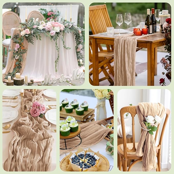 3PCS Table Runner Cheesecloth 10FT Nude Boho Gauze Cheese Cloth Rustic Sheer Table Runners for Wedding Bridal Baby Shower Party Decoration