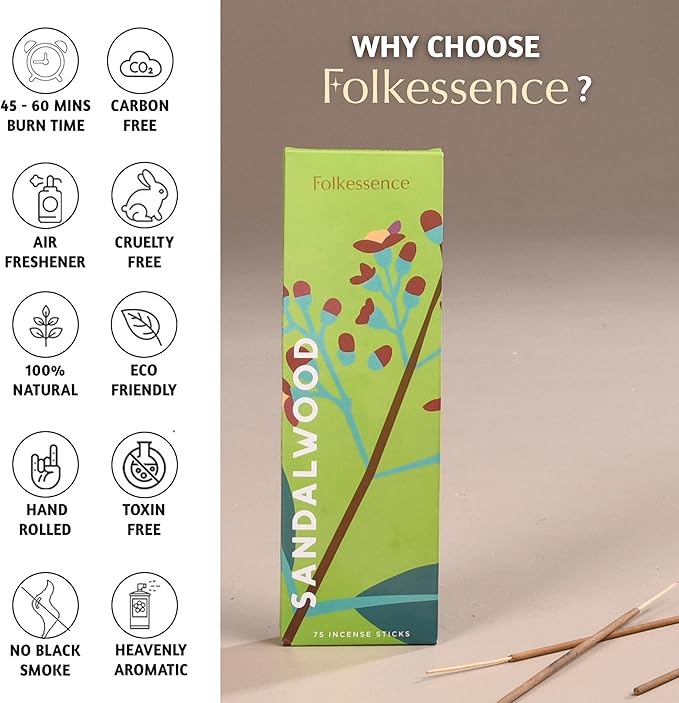 Folkulture Incense Sticks (75 Sticks) |8" Premium Sandalwood Incense Sticks for Calming,Aromatherapy, Stress Relief Gifts|No Charcoal,Organic,Non Toxic, 45 Mins, Long Burning Insence-Sticks