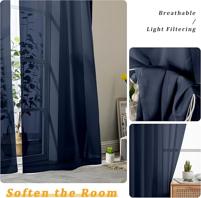 Gwine Navy Blue Sheer Curtain Tiers 24 Inch Length, Light Filtering Voile Short Curtain for Living Room Bedroom, Rod Pocket Cafe Curtains for Small Windows 42x24 Inch, 2PCS