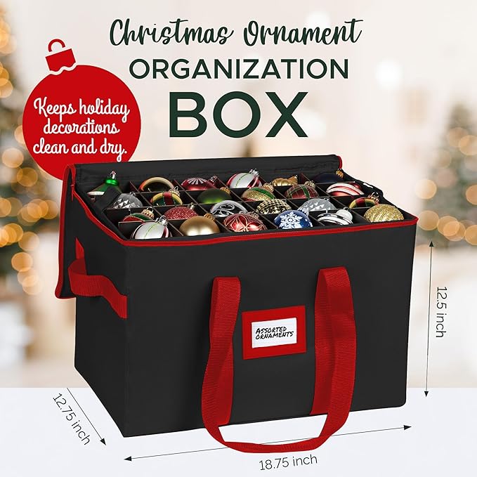Christmas Ornament Storage Container,Box Stores Up to 96-3 inch ornaments, Adjustable Dividers, Large Organizer Bin to Protect and Store Holiday Décor - Black