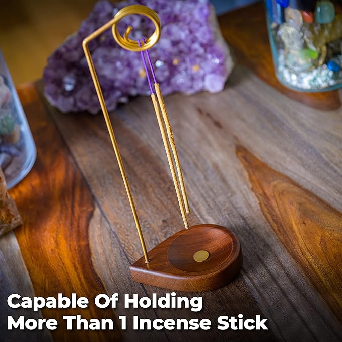 Curawood Incense Holder for Sticks - 11.4" Tall Reverse Style Incense Burner Holder with Mess Free Ash Catcher Tray - Modern & Minimalist Design Incense Sticks Holder with Brass & Walnut Wood Elements