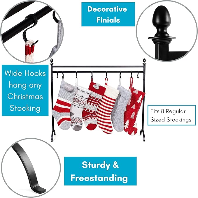 BIRDROCK HOME 8 Hook Christmas Stocking Holder Stand - Modern Holiday Decoration Holder - Black Freestanding Decor Hanger - Heavy Duty