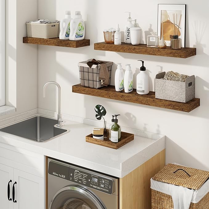 fuqing Floating Shelves for Wall, Wall Mounted Wood Floating Shelf with Invisible Brackets for Living Room, Bathroom, Bedroom, Kitchen Storage and Decor, 36 Inch Set of 2, Rustic Brown
