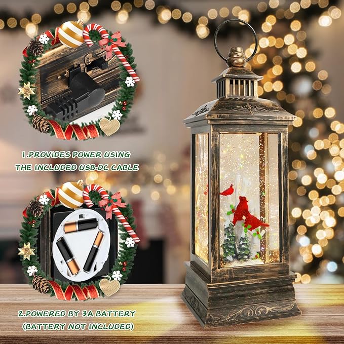 Christmas Cardinal Snow Globe 12.5In High, Musical Cardinal Lantern with 6 Hour Timer and Batteries Powered Retro Style Holiday Glitter Globe for Xmas Indoor Decoration and Santa Gifts