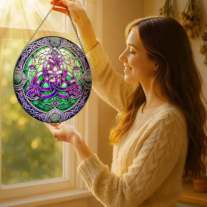 Stained Glass Window Hanging, LAOWEIKI 8'' Celtic Knot Suncatcher, Stained Glass Ornament, Suncatchers for Windows Hanging, Window Decor, Outdoor or Indoor, Gifts for Friends, Women, Art Lover
