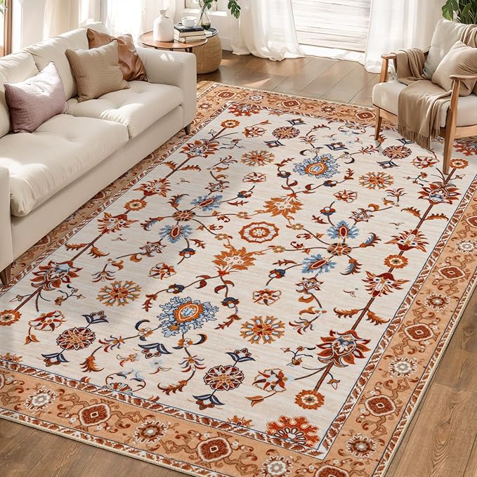 Tangsoo Floral Area Rug 6x9 Machine Washable Orange Rug Non-Slip Vintage Distressed Boho Print, Soft Low Pile Carpet for Living Room, Bedroom, Dining Room, Pet & Child Friendly (Orange Home Decor)