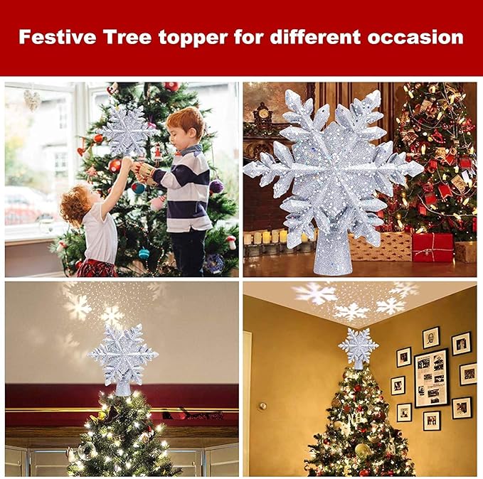 Christmas Tree Topper Lighted with White Snowflake Projector, LED Rotating Snowflake, 3D Glitter Lighted Sliver Snow Tree Topper for Christmas Tree Decorations