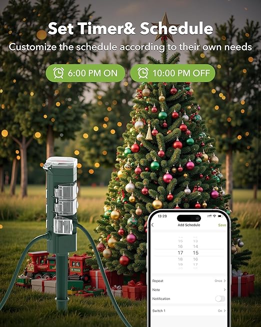 HBN Outdoor Smart Plug Waterproof with 6 Outlets,WiFi Power Stake Timer 6Ft Cord,Outdoor Outlet Timer for Halloween/Christmas Lights,Compatible with Alexa & Google Assistant, Voice Control,ETL Listed
