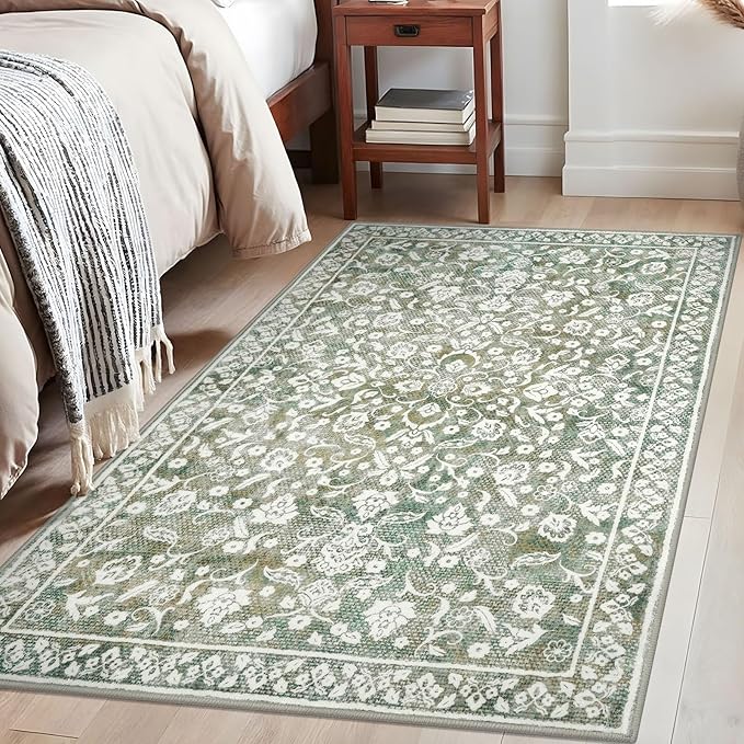 Vintage 4x6 Area Rug, Sage Green Beige Entryway Rug Non-Slip, Washable Living Room Rug Thin Printed Faux Wool Floor Super Soft Carpet Throw Rugs for Bedroom Dining Room Indoor Office