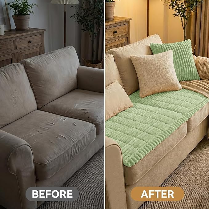 Smiry Couch Cover for Dogs Washable, Non Slip Fuzzy Pet Couch Covers for 3 Cushion Sofa Pet Friendly, Thick Soft Sofa Slipcovers Cushion Protector (Green, 27.6" x 27.6")