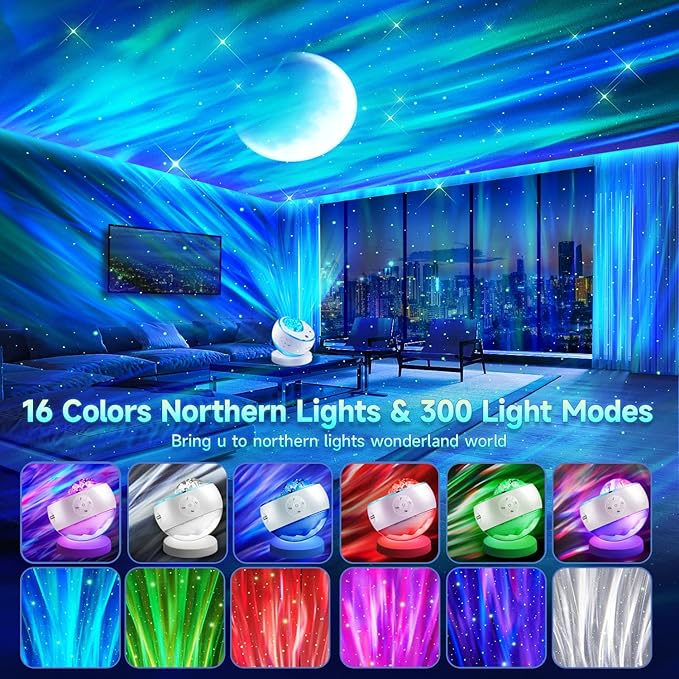 One Fire Northern Lights Projector,16Color Galaxy Projector for Bedroom, 15 White Noise Galaxy Light Projector, 5Moon Star Projector, Bluetooth Aurora Light Projector, Remote Timer Star Lights