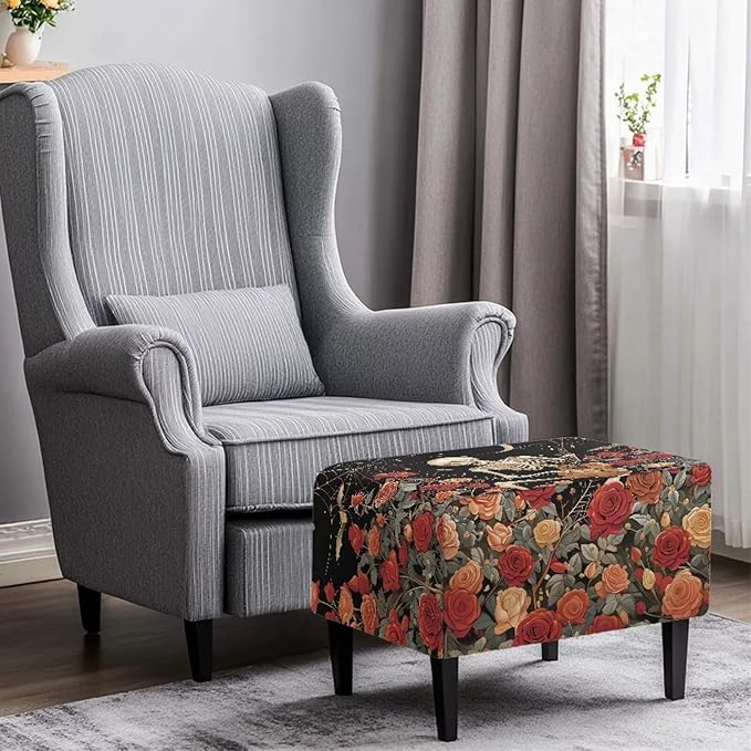 Soft Stretch Ottoman Slipcover Flower Skull Washable Rectangle Footrest Stool Cover Anti Scratch Furniture Protector with Elastic Bottom for Halloween Footstools Decor Size S