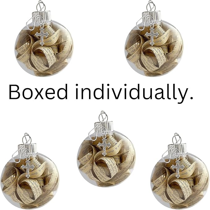 Religious Rescued Antique Bible Pages Verses Strips Hanging Christmas Tree Ornament Beautiful Cross Charm Hanger and Faith Quote Card Shatterproof Round Disc for Best View (Pack of 5)