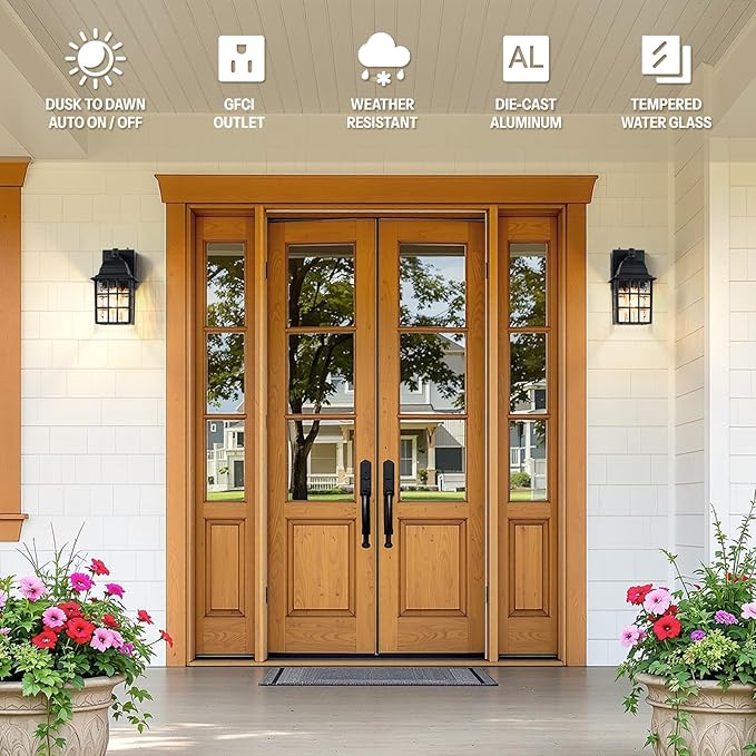 Gleamz Dusk to Dawn Outdoor Porch Light with GFCI Outlet, Modern Black Exterior Lighting Fixtures Wall Mount for House, Anti-Rust Outdoor Wall Sconce Lantern for Garage Coach with Water-Ripple Glass