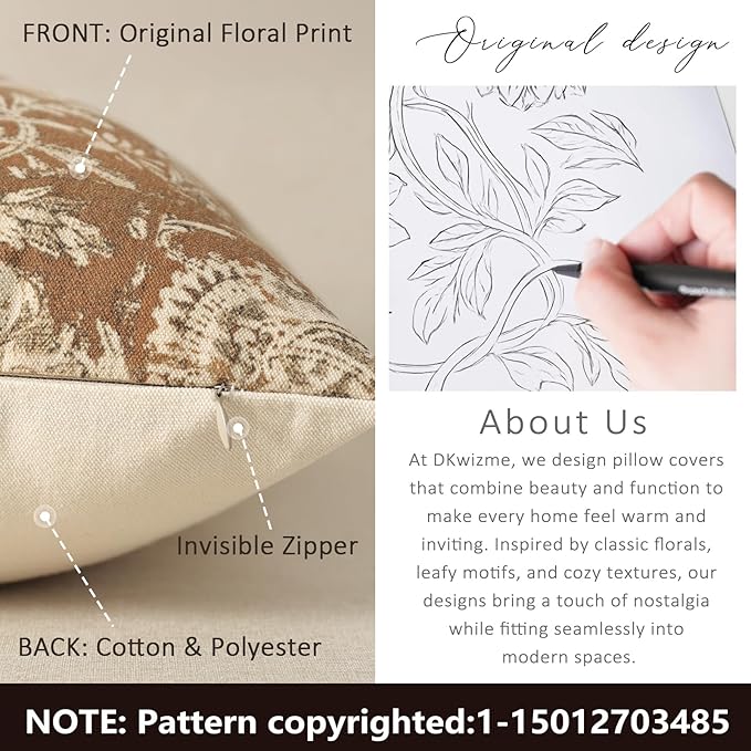 Vintage Floral Print Throw Pillow Covers 20x20 Set of 2 Neutral Modern Farmhouse Pillowcases Accent Decorative Cushion Covers Boho Home Decor for Couch Sofa Chair Bed Living Room, Cognac