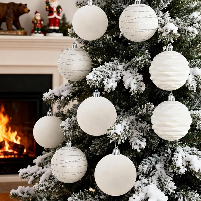 Artmag 6Pcs Velvet Christmas Ornaments Balls Sets for Christmas, Plastic Shatterproof Xmas Tree Flocked 3.94 inch Ornaments Balls for Winter Holiday Decor (Beige)