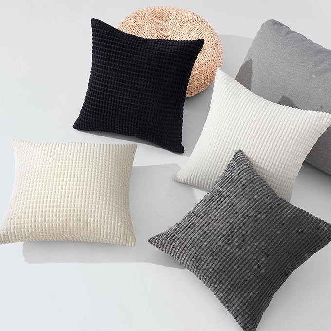 Topfinel Black and White Couch Pillow Covers for Living Room 45x45 cm Set of 4,Mid Century Modern White Neutral Corduroy Corn Throw Pillows,Rustic Square Bench Chair Cushion(18 Inch/Dark Gray)