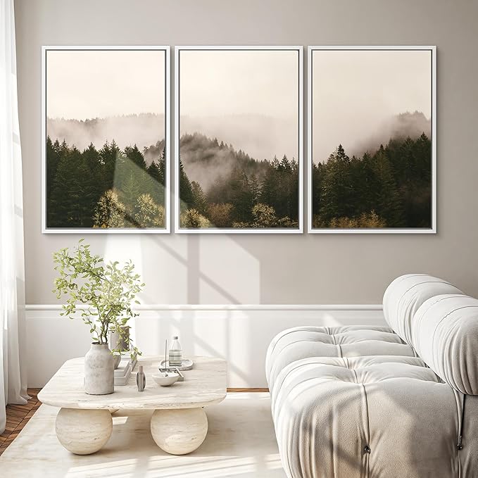 SIGNWIN 3 Piece Framed Canvas Wall Art Brown Foggy Mountains Nature Wilderness Photography Abstract Rustic Canvas Prints Home Artwork Decoration for Living Room,Bedroom - 24"x36"x3 White